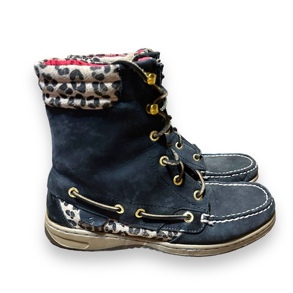 Sperry Hikerfish Black Leather Leopard Lace Up Boots Womens Size 7M 9531393 - Picture 2 of 12